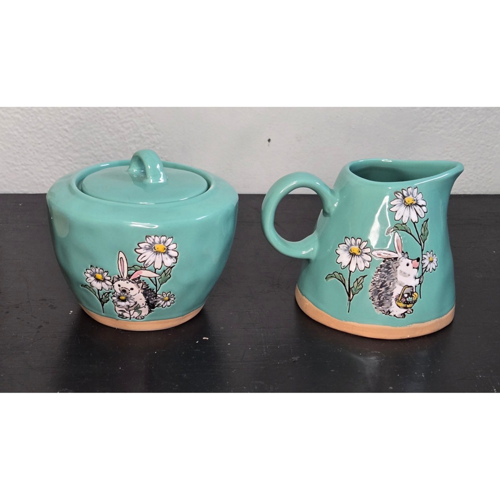 Spectrum Designz Hedgehog Bunny Easter Cream and Sugar Set Turquoise Ceramic